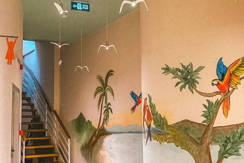 Colourful custom printed wall mural in a modern hallway